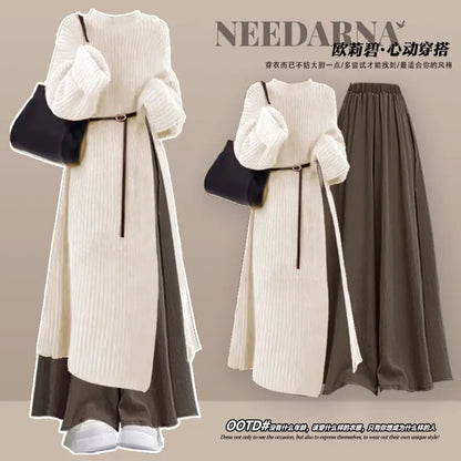 Fall Fashion High Waist Knitted Sweater Long Skirt Wide Leg Pants Two Piece Set Elegant Sweet Style plus Size Women's Suit