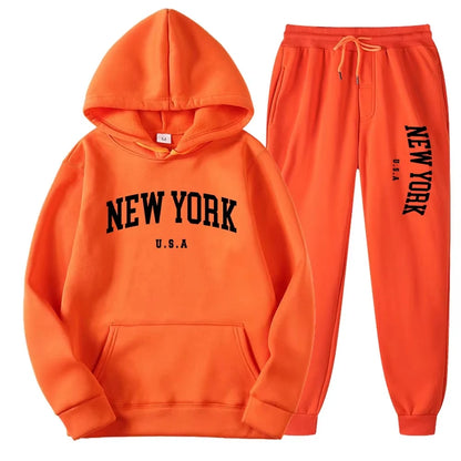 New York Print Hoodies Casual American Style Hoodie Set Mens Autumn Long Sleeves Hooded Loose Pullover Street Sweatshirt