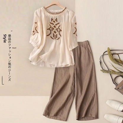 Fashionable Retro Linen Top And Pants Set for Women High End Cotton Linen Ensemble Summer 2026 Elegant Two Piece Suit