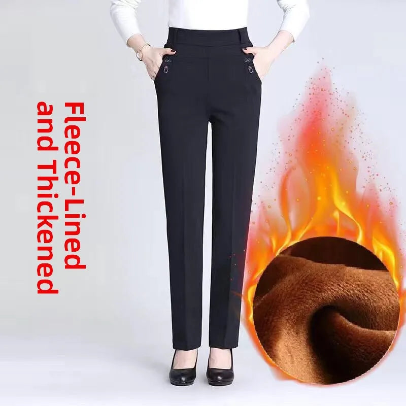 High Waist Fleece Lined Slimming Pants for Middle-Aged And Elderly Women Casual Long Pants Straight Leg Elastic Ankle Pants