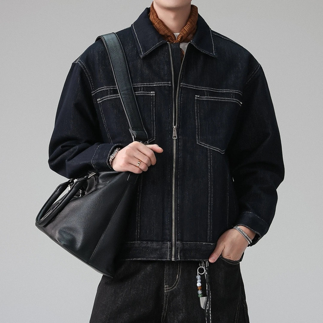 Mens American Vintage Denim Trucker Jacket Lapel Collar Lyocell Blend Topstitching Premium Spring Fall Casual Trendy Coat Male