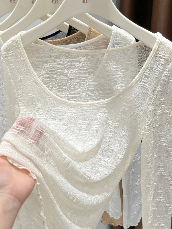 Sexy Lace Base Shirt Inner Wear Light Mesh Top Floral Trim Shoulder Exposure Thin Nylon Fabric Long Sleeve round Neck Spring ...