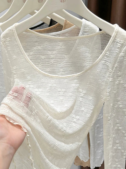 Sexy Lace Base Shirt Inner Wear Light Mesh Top Floral Trim Shoulder Exposure Thin Nylon Fabric Long Sleeve round Neck Spring ...