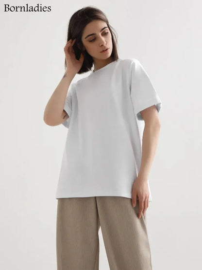 Bornladies 2025 Women's Summer 100% Cotton T-shirt Bottoming Basic Fashionable Solid Lady Short Sleeve Loose Tops Shirts
