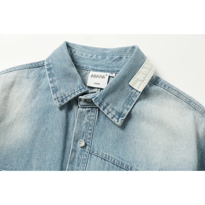 Japanese Retro Made Denim Shirt with Old Stickers Spring Long Sleeved Casual Top for Men and Women