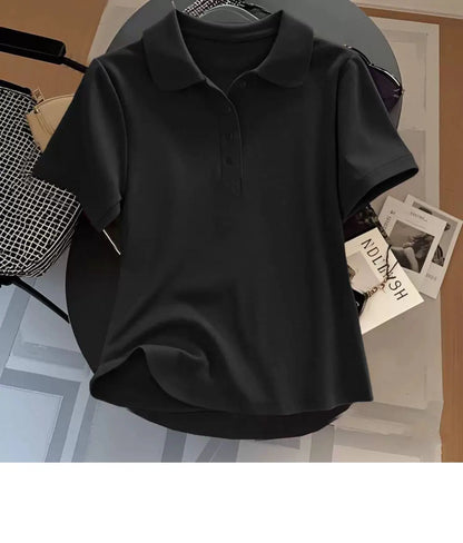 Loose Fit Women's  Neck Short Sleeve Cotton T-Shirt Casual Button up Top Korean Style Summer Fashion Ladies' Shirt
