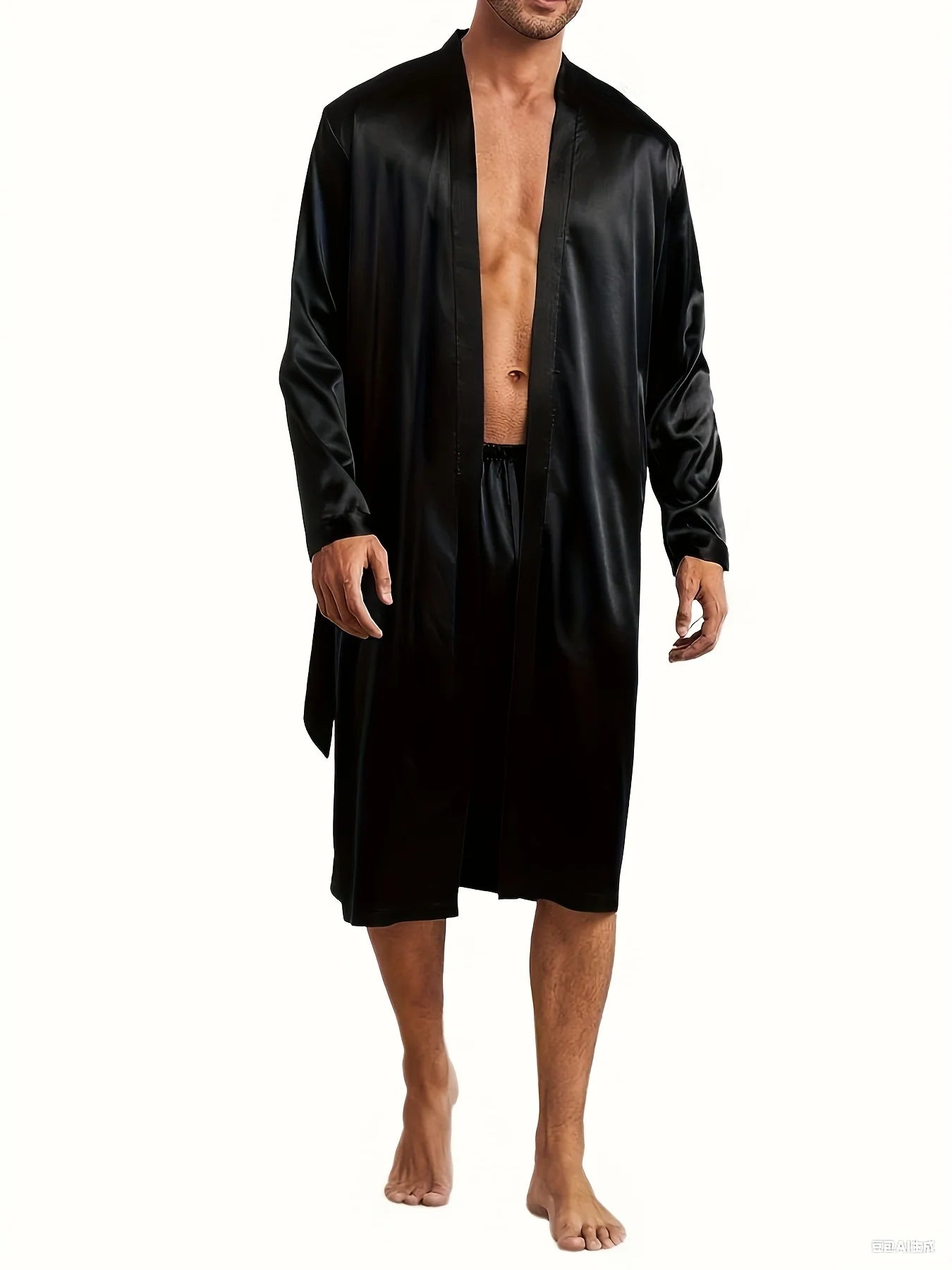 Autumn Men's Black Robe with Pockets Summer V-Neck Nightgown Long Sleeve Sleepwear with Belt Detail + Shorts Loungewear Set