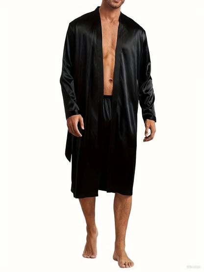 Autumn Men's Black Robe with Pockets Summer V-Neck Nightgown Long Sleeve Sleepwear with Belt Detail + Shorts Loungewear Set