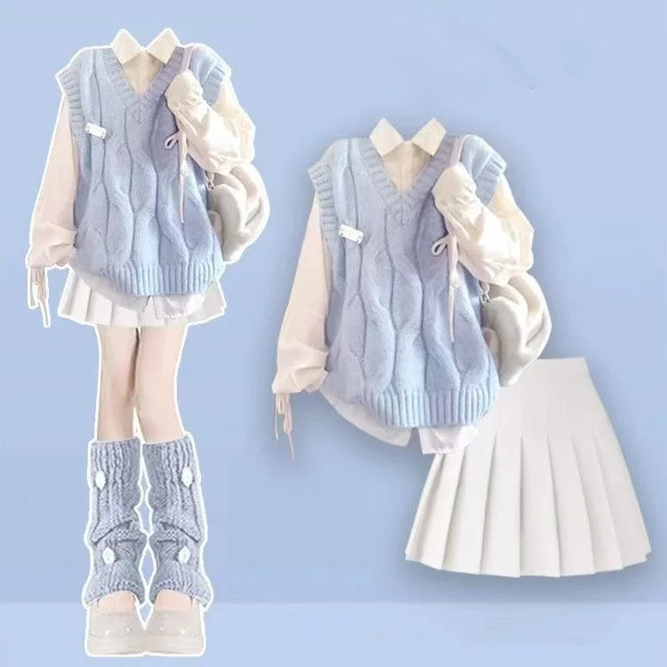 Spring Autumn 2025 Dopaamine College Style Women's Three-Piece Set Drawstring Shirt White Pleated Skirt Vest Fashion Ensemble