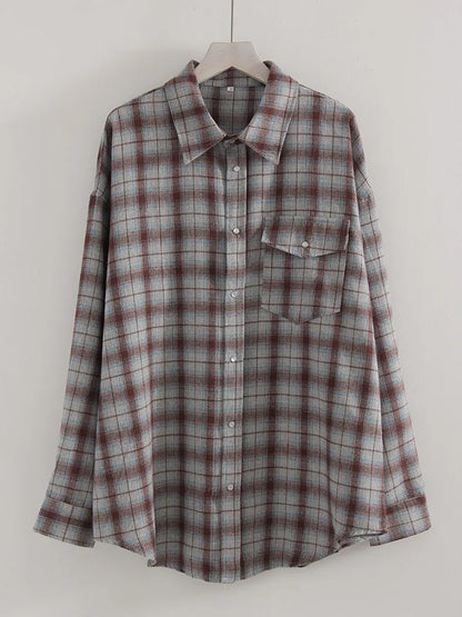 Streamgirl Oversized Plaid Shirt Women 2026 Spring Loose Vintage Long Shirts Full Sleeve Women Plaid Brown Oversized Shirt Blue