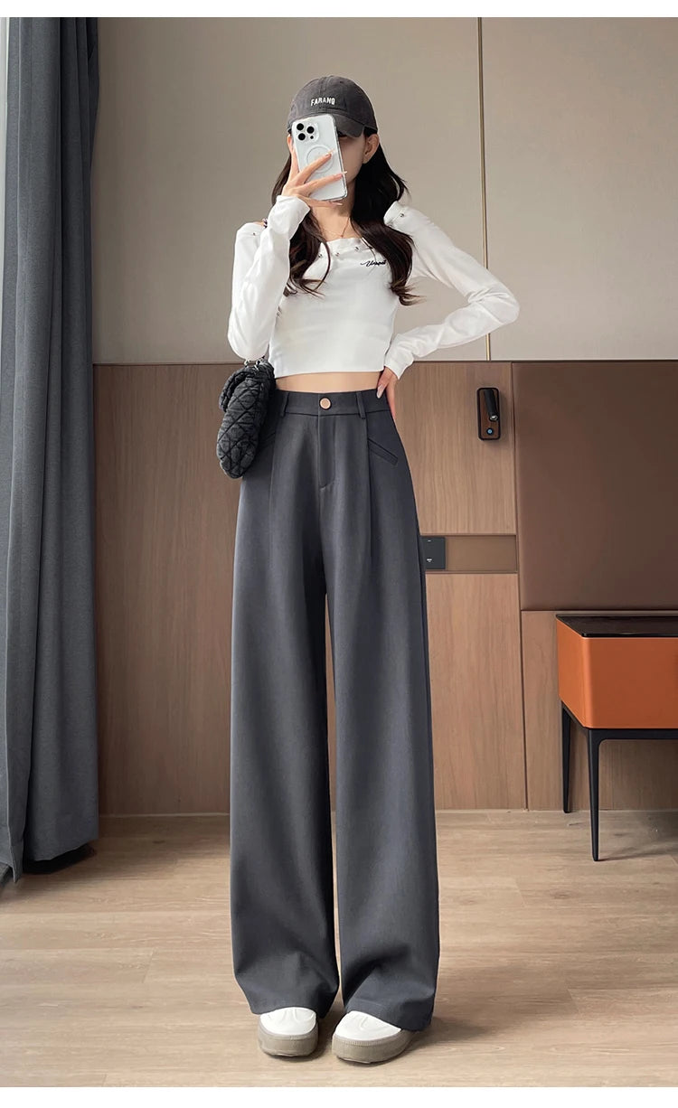 Seoulish Autumn Elegant Women's Wide Leg Pants 2024 New Korean Solid Button Casual Loose Office Full Length Trousers Female
