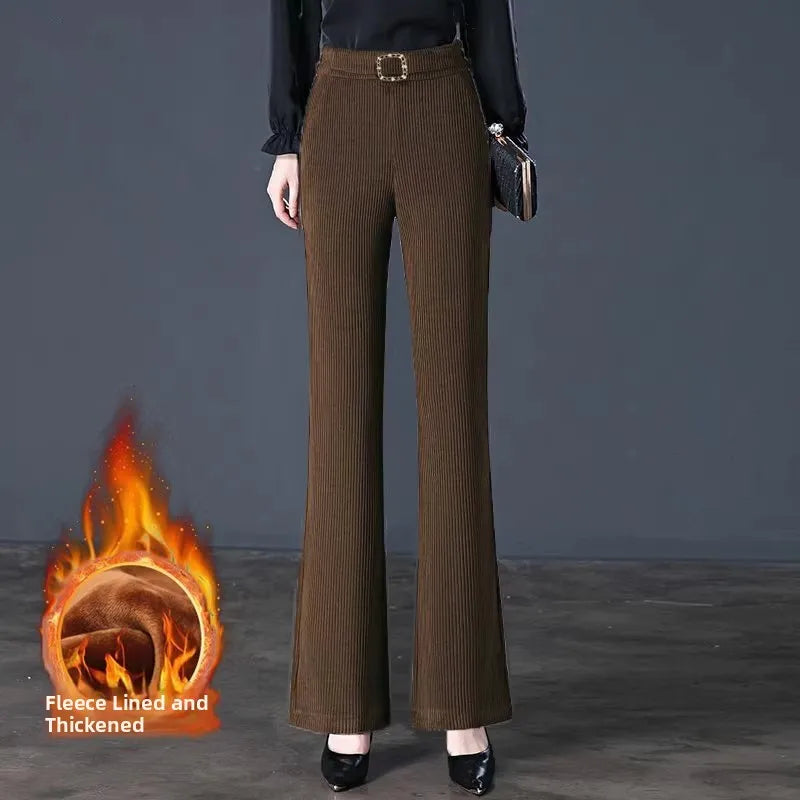 plus Size Flared Pants for Women Autumn Winter Fce Lined Casual High Waist Nine Points ket Pants for Middle-Aged Mothers