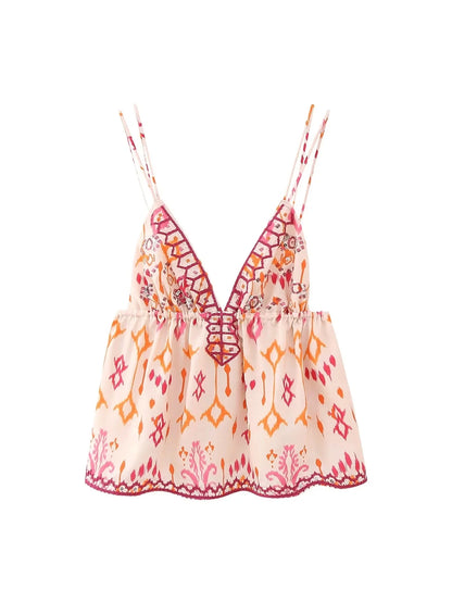 Autumn Printed Suspender Tank Tops for Women Casual Sleeveless V-Neck Cropped Blouse Vacation Chic Ladies Streetwear