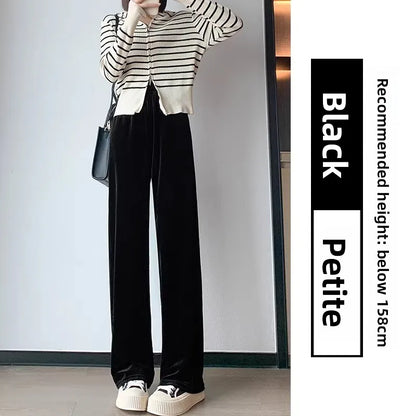 Slim Fit Velvet Wide Leg Pants Winter New Style plus Size Warm Fleece High Waist Elastic Korean Velvet Pants for Women