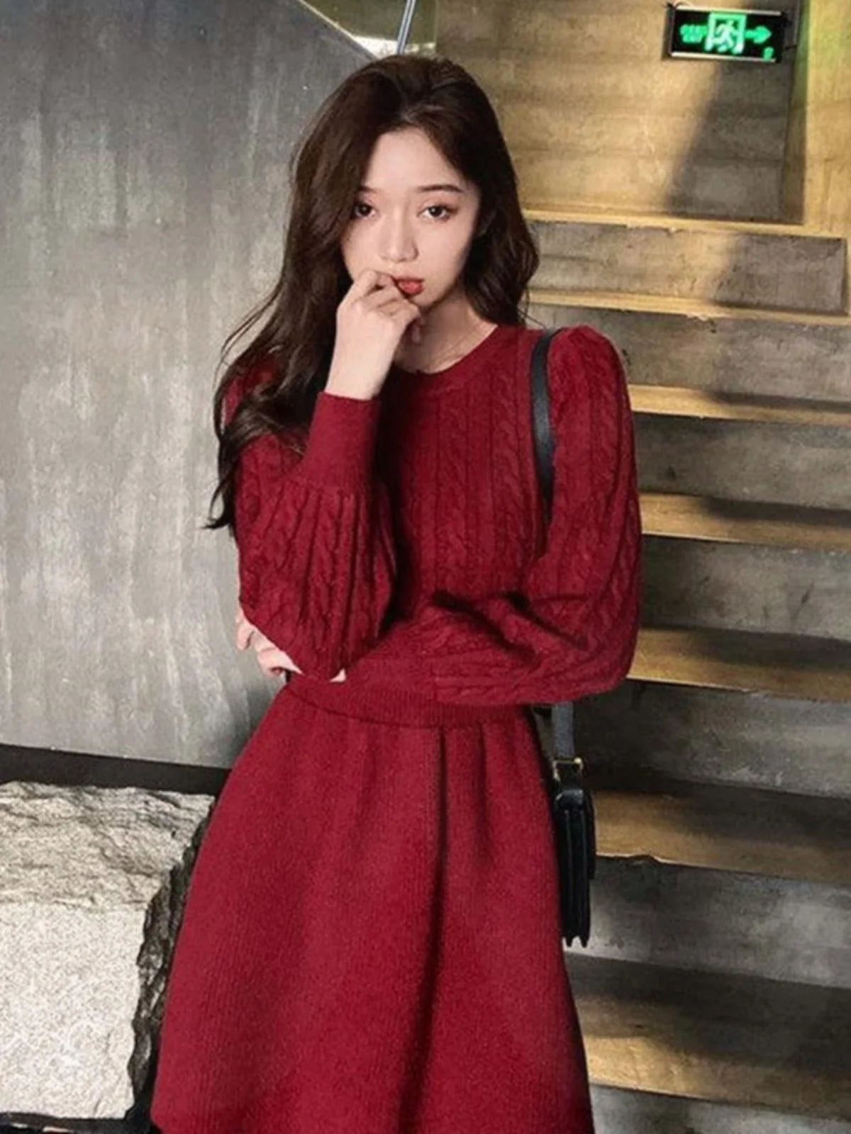 High Waist A-Line Knitted Dress Long Sleeve Base Layer Shirt Waist Cinched Black Dress Autumn Wear Korean Style Commute Dress