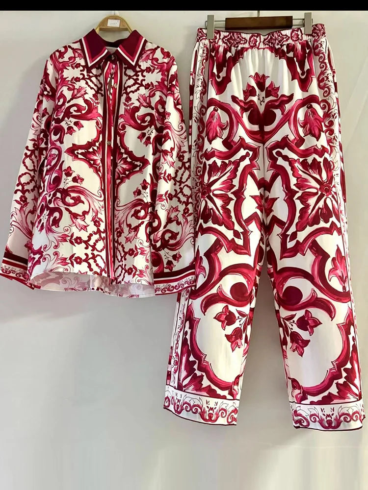 Luxury printed loose long-sleeved shirt 2024 spring and summer women's two-piece suit+elastic waist straight pants casual suit