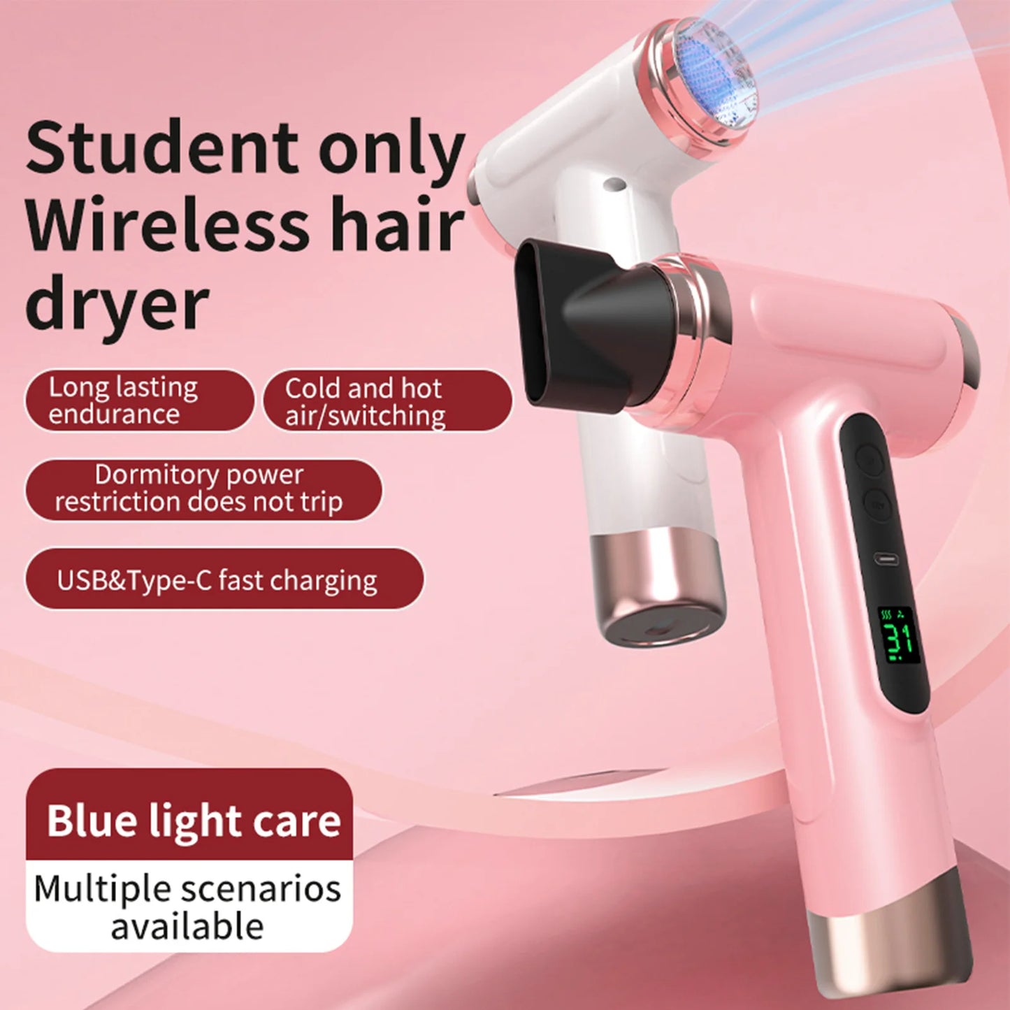 Travel Hair Dryer Cordless Rechargeable 15600mAh 200W  Hair Dryer Portable Travel Lightweight Hot Cold Blow for Dormitory Travel