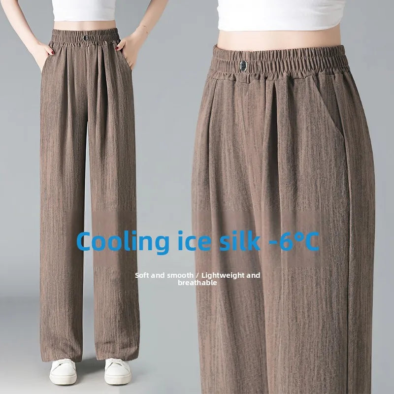 Ice Silk Slim Wide Leg Pants Women's Summer Drapey High Waist Straight Casual Lazy Floor Length Pants Cool Pants