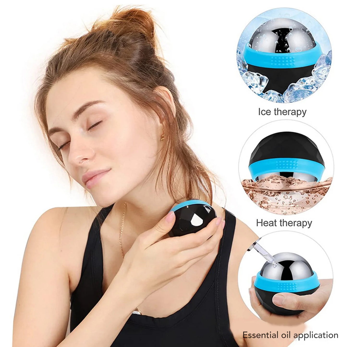 Cold Massage Roller Ball Handheld Heat Relief Stainless Steel Rolling Ice Ball Blue Black Cold Compress Massage Ball