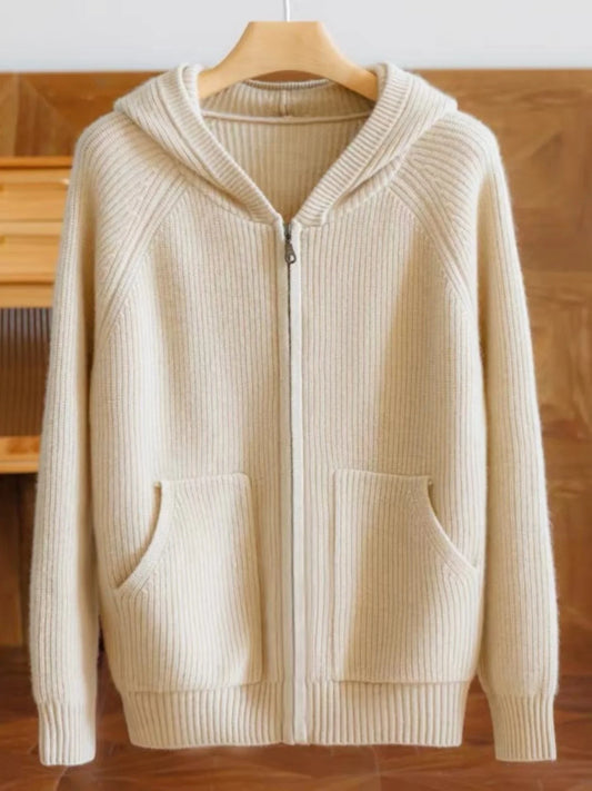 New 100% pure cashmere cardigan female loose zipper hoodie cashmere sweater coat hoodie