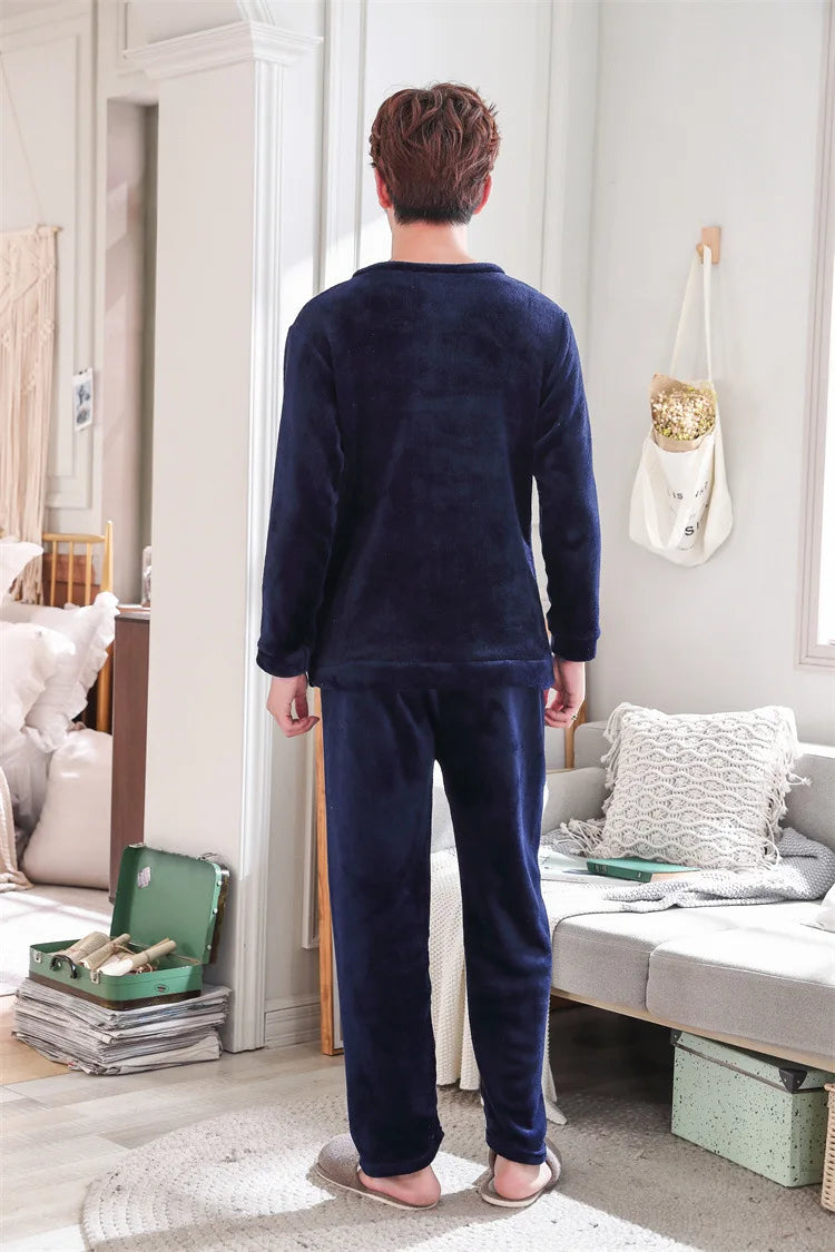 Two Piece Men Autumn and Winter Warm Flannel Pyjamas Sets Blue Long Sleeve Elastic Sleepwear Solid Soft Casual O-Neck homewear