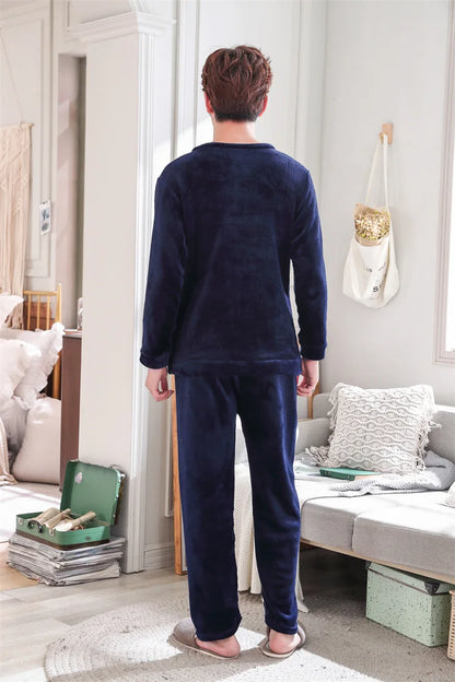 Two Piece Men Autumn and Winter Warm Flannel Pyjamas Sets Blue Long Sleeve Elastic Sleepwear Solid Soft Casual O-Neck homewear
