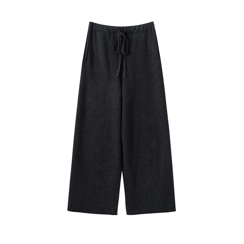 Ladies 100% Cashmere Knitted Wide Leg Pants Casual Solid Color Loose Fit Elastic Waist Floor-Length Poc Matching Pants