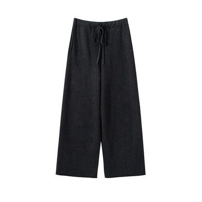 Ladies 100% Cashmere Knitted Wide Leg Pants Casual Solid Color Loose Fit Elastic Waist Floor-Length Poc Matching Pants