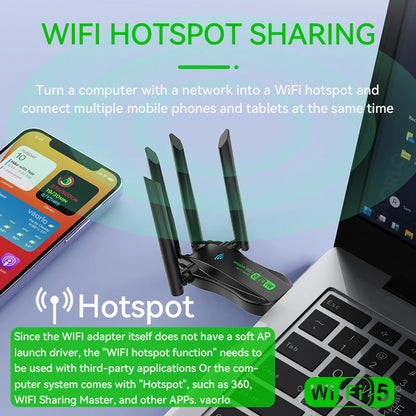 Dual Band 1200Mbps WiFi USB Adapter 2.4G/5.8Ghz Wi-Fi5 Dongle 4 Antenna USB3.0 Wireless Receiver For PC/Laptop No CD Driver Free