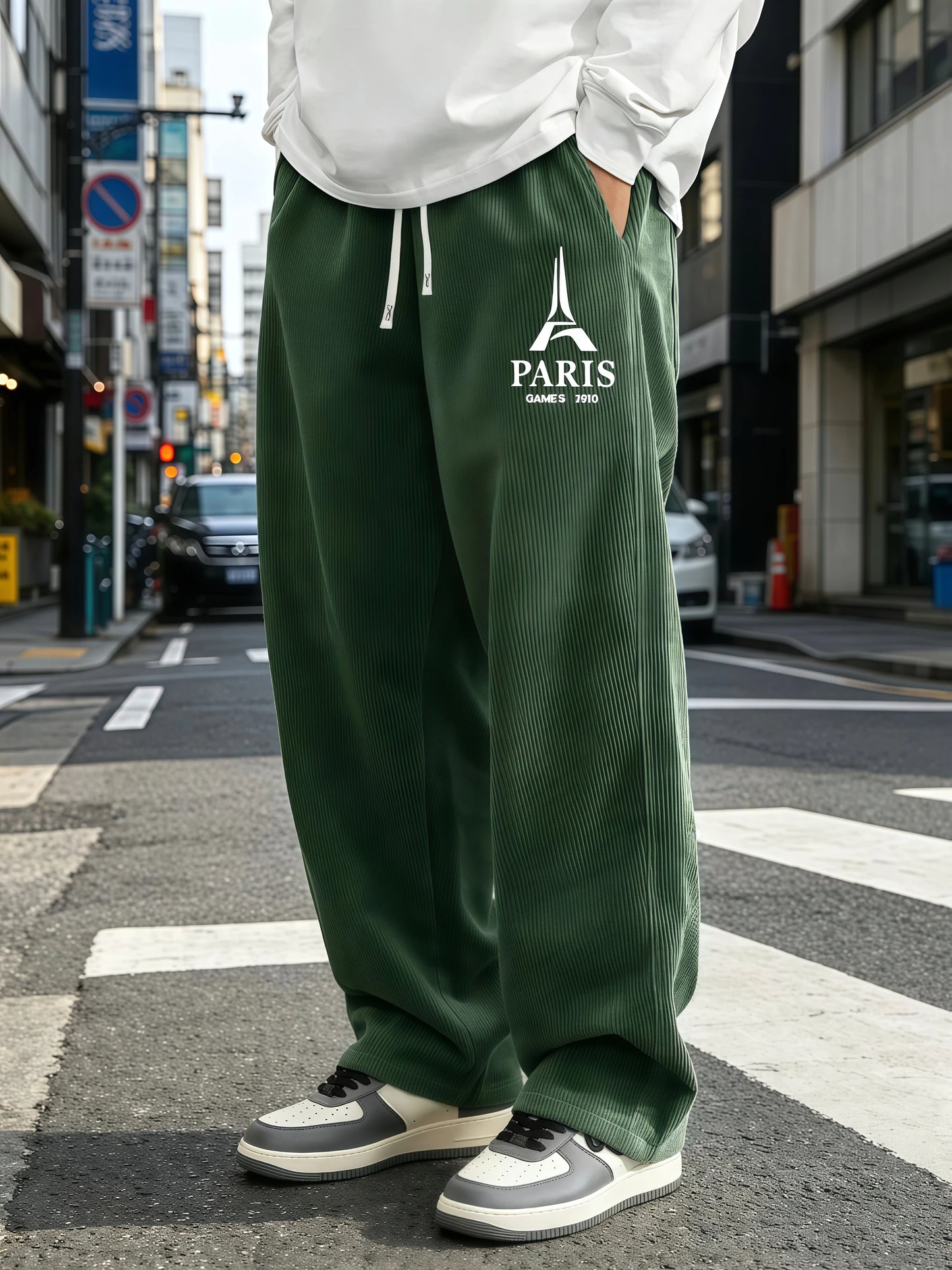 Mens Corduroy Wide Leg Trousers Elastic Drawstring Waist Eiffel Tower Letter Print Loose Straight Casual Street Pants S-4XL