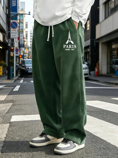 Mens Corduroy Wide Leg Trousers Elastic Drawstring Waist Eiffel Tower Letter Print Loose Straight Casual Street Pants S-4XL