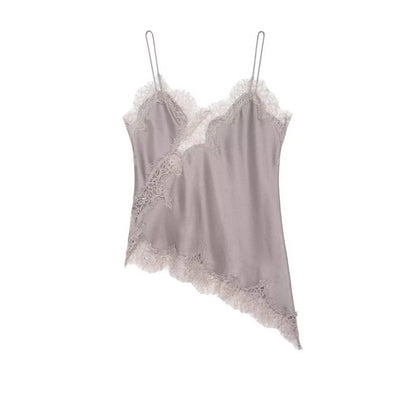 HH Women Elegant Polka Dot Lace Slip Tops Asymmetrical Hem Tanks Camis Summer Lady Sexy Lace Splicing Club Party Tops Camisole