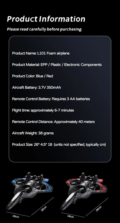 L101 RC Foam Airplane 2.4G RC Fighter Stunt Tumbling Helicopter with LED Colored Lights Airplane Model Toy