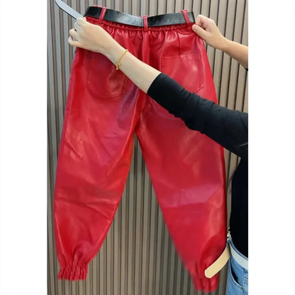 Autumn Winter Leather Pants Fashion High Quality Leg Windproof Plus Velvet Haren Pants All-Match Slimming Casual Trousers Women