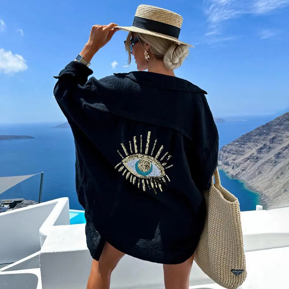 Spring Summer 2024 Women's Casual Evil Eye Shirt Long Sleeve Turn-down Collar Regular Length Other Material 100% Fashion Ladi...