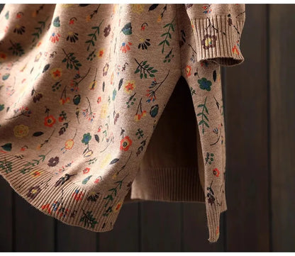 Retro Print Loose Knitted Dress Half High Collar Base Layer Skirt Autumn Winter Long Straight A-Line Dress for Women