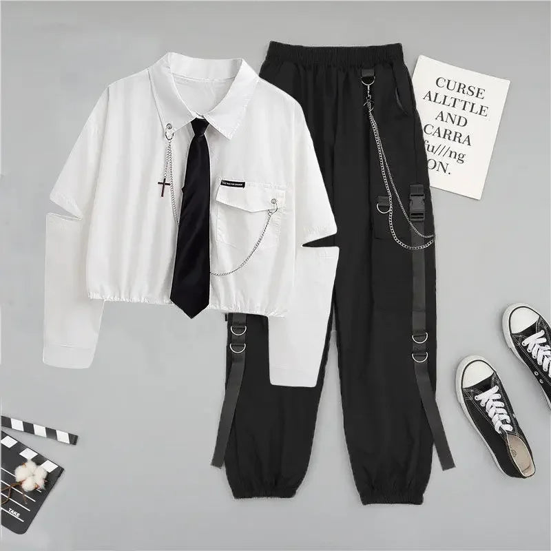 2 Two Piece Sets Outifits For Women New Suit Female Student Korean Loose Long Sleeve Shirt + High Waist Cargo Pants Joggers