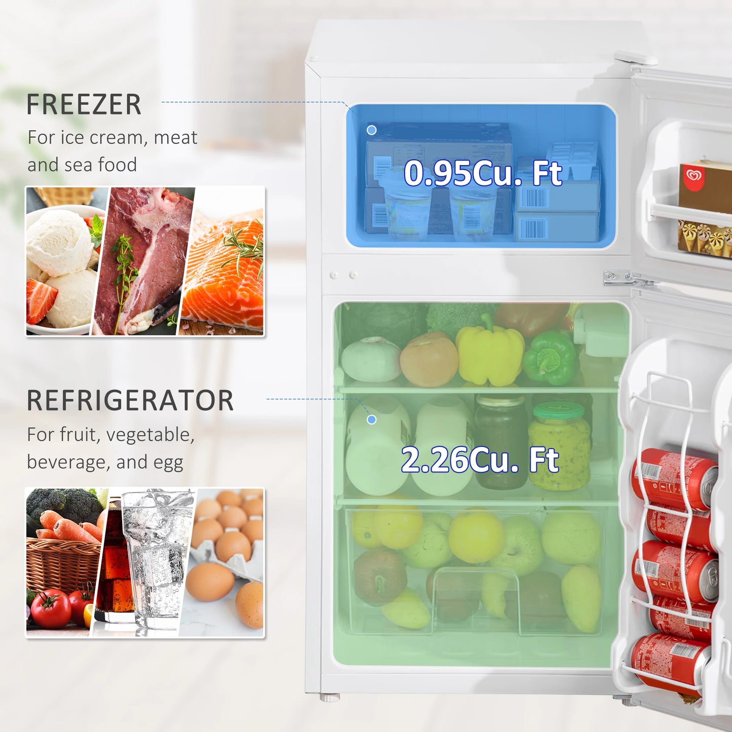 3.2 Cu.Ft Mini Fridge with Freezer, Double Door Compact Refrigerator with Adjustable Thermostat,, Energy Efficient, White