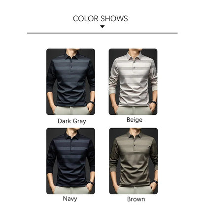 BROWON Elegant Mens Polo Shirts 2026 Spring Autumn Long Sleeve Lapel Collar Big Striped Pattern T-shirt Male New in Tops & Tees