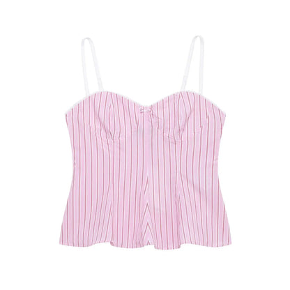 HH Women Striped Pants Suit Lapel Pocket Single-breasted Blouse+Side Zipper Lace Short Top+High Waist With Belt Poplin Pant