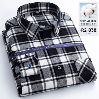 Men's long-sleeved cotton jersey checked shirt - suitable for daily work in all seasons, featuring fashionable style.