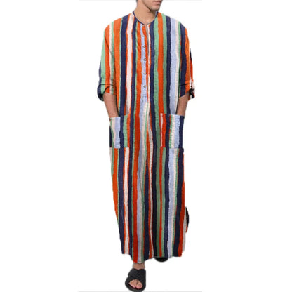 Men's Striped Print Arabic Thobe - Long Sleeve One Piece Islamic Robe,Middle Eastern Traditional Muslim Wear with Ethnic Pattern