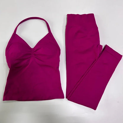 2 Pieces Sports Set Women Backless Tank Yoga Tops High Waist Scrunch Seamless Shorts Sport Gym Set Sportswear Workout Set