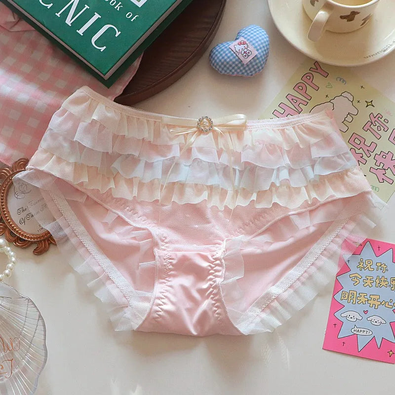 Japanese Style Lolita Princess Lingerie Set Women Pure Desire Cake Layer Lace Mesh Cotton Crotch Party Bra  Panty Set Soft Cute