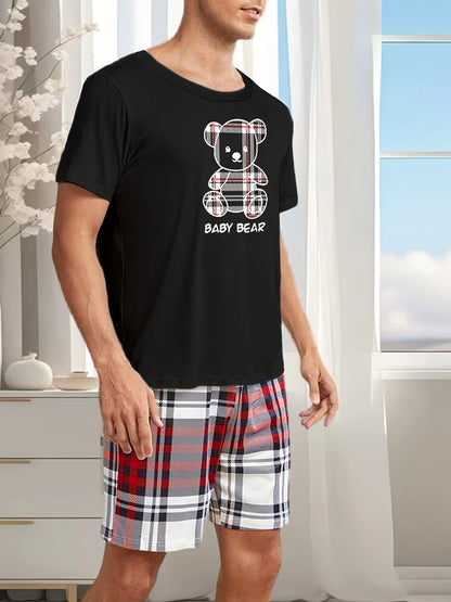 Men's Stylish Pajama 2Pcs pajama Set Short Sleeve And Plaid Shorts Comfortable Soft Sleepware Loungewear Can Be Worn Outside Pjs