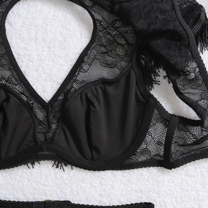 Light Chinese style tassel decoration, perspective splicing, lace shaping, backless, and airy sexy lingerie three piece set