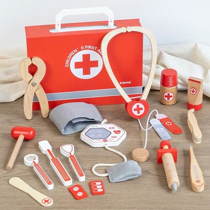 Red Wooden Doctor Toy Set - Imaginative Role Play and Fine Motor Skills for Children Aged 3 and Up Gift Box or Drawstring Bag