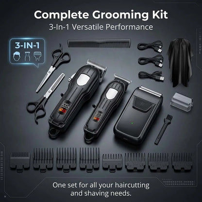 Professional Cordless Hair Clipper Set for Men Rechargeable Electric Hair Trimmer with LED Display Grooming Kit with Accessories