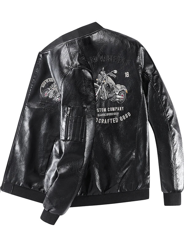 Leather Jacket Men's Baseball Collar Fleece Lined Thick Loose Casual Trendy Motorcycle Clothes Jacket Embroidered Outerwear