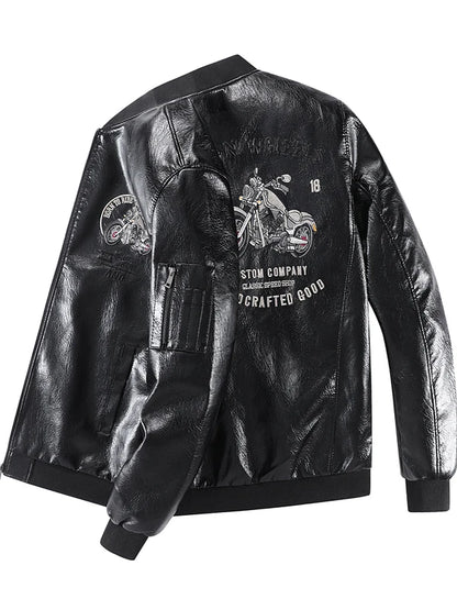 Leather Jacket Men's Baseball Collar Fleece Lined Thick Loose Casual Trendy Motorcycle Clothes Jacket Embroidered Outerwear